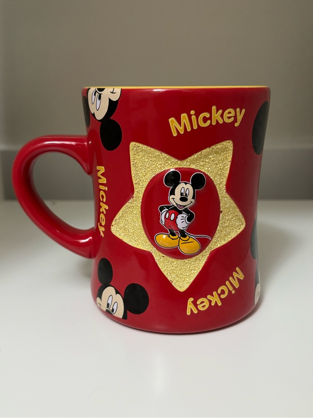 Disney Embossed 3D Mickey Mouse — Red Gold Glitter Star Coffee Mug Cup